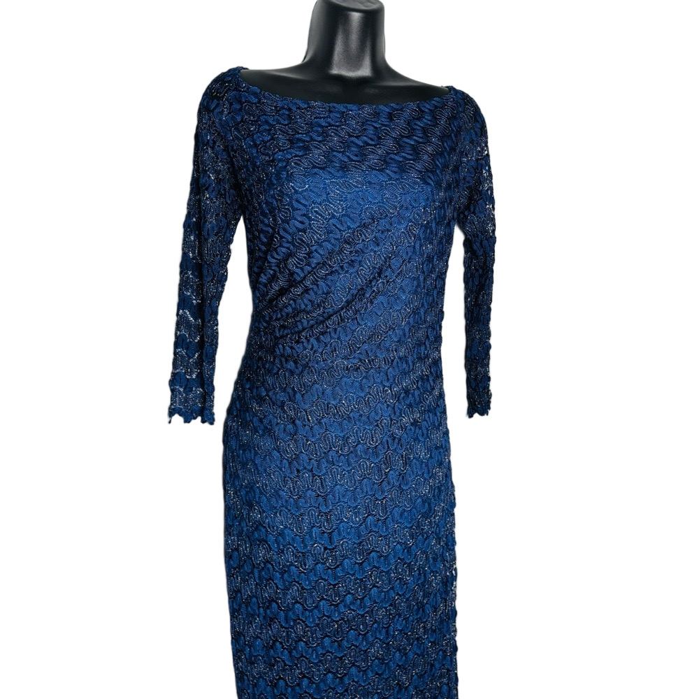 David Meister Navy Blue Lace with Gold Metallic Midi Designer Dress - Picture 3 of 8